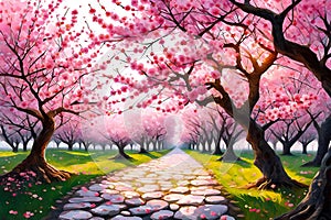 Cherry blossom spring background with path and pink sakura flowers