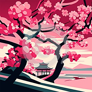 Cherry blossom in spring season. Vector illustration in retro style. AI Generated