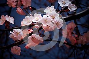 cherry blossom in spring time on blue sky background with raindrops, Close-up of a cherry blossom tree under the soft light of a