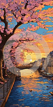 Cherry Blossom Sunset Painting In Cartoon Mise-en-scene Style