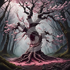 Cherry blossom tree in cursed dark forest