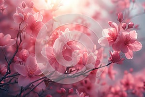 a cherry blossom tree in full bloom, its delicate pink petals creating a dreamy canopy