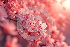 a cherry blossom tree in full bloom, its delicate pink petals creating a dreamy canopy