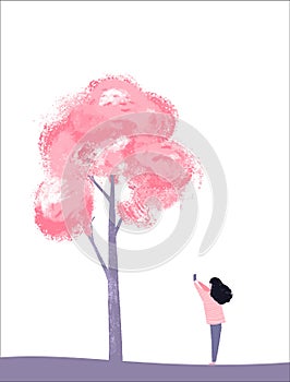 Cherry blossom tree and girl takes a picture of pink flowers. Spring season illustration. Blooming sakura festival.