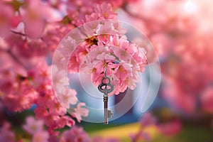 Cherry blossom tree with key, symbolizing new home beginnings