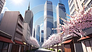 Cherry Blossom Trees Along the Urban Street With Towering Skyscrapers and Blue Sky. Generative AI
