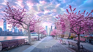 Cherry Blossom Trees in Full Bloom Along a City Pathway at Dawn. Spring Scenery in Urban Setting. Peaceful Morning Walk