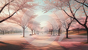 Cherry blossom trees lining a park pathway