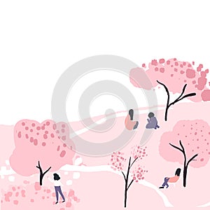 Cherry blossom trees in park, people have a picnic sitting under pink spring blooming sakura. Hanami festival. Vector photo