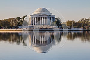 cherry blossom trees and reflection of Thomas Jefferson memorial in the Tidal basin