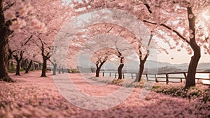 Cherry Blossom Trees. Streets Covered in Fallen Pink Petals.