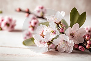 Cherry blossom twig on a wooden table, Generative AI