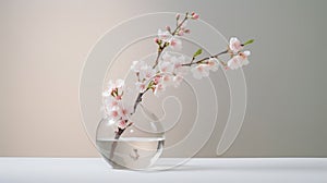 Cherry blossom in vase on white table and gray background