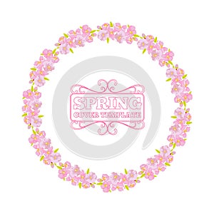 Cherry blossom wreath frame for invitation or greeting car design. Circle or round flower border. Vector illustration.