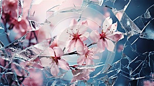 Cherry blossoms in bloom, symbolizing renewal and hope. Flowers with broken ice. Elegant pink petals in ice. Frosty