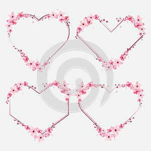 Cherry blossoms border, template frame flower, Heart form,  sakura vector illustration