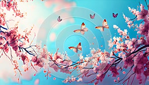 Cherry blossoms and butterfly on blue sky background. Spring time. Generative AI