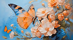 Cherry blossoms and butterfly. Oil painting. Beautiful Sakura flowers and a fluttering butterfly. Orange and blue tones