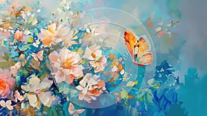 Cherry blossoms and butterfly. Oil painting. Beautiful Sakura flowers and a fluttering butterfly. Orange and blue tones
