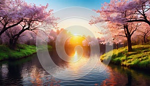 Cherry blossoms and cherry trees along the river at sunset. AI Generated