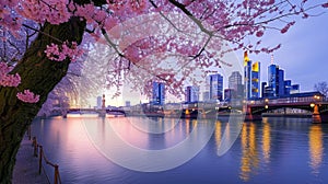 Cherry blossoms framing a cityscape with a river at dusk