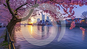 Cherry blossoms framing a sunset cityscape by the river