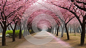 Cherry blossoms in full bloom along a walkway in spring in a park in Japan.