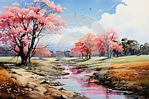 Cherry blossoms in full bloom in the spring, panorama Generative AI Generative AI