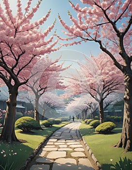 Cherry Blossoms Over a Park Pathway