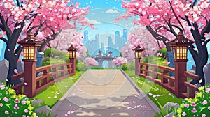 Cherry blossoms with pink flowers, street lanterns, alley, green lawn in city garden. Cartoon modern illustration of