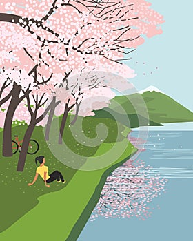 Cherry blossoms at river enjoy flat vector poster
