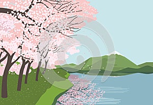 Cherry blossoms at the river flat vector landscape