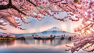 Cherry blossoms or Sakura and Mountain Fuji at the river in the morning