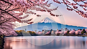 Cherry blossoms or Sakura and Mountain Fuji at the river in the morning