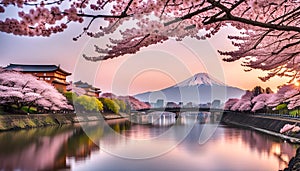 Cherry blossoms or Sakura and Mountain Fuji at the river in the morning