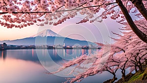 Cherry blossoms or Sakura and Mountain Fuji at the river in the morning