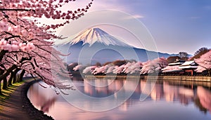 Cherry blossoms or Sakura and Mountain Fuji at the river in the morning