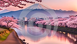 Cherry blossoms or Sakura and Mountain Fuji at the river in the morning