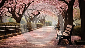 Cherry Blossoms Showering Pathway In A Tranquil Park At Spring. Generative AI