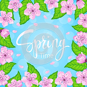 Cherry blossoms spring flowers and green fresh leaves frame background