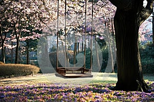 Cherry blossoms and swing in the park at spring time.