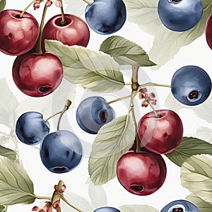 Cherry and blueberry seamless pattern, created with generative AI