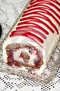 Cherry cake close view on the table