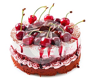 cherry cake with whipped cream and meringues isolated