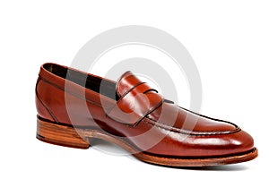 Cherry calf penny loafer shoe toe to right