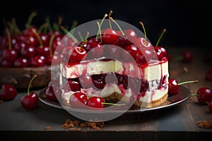 Cherry cheesecake slice with a luscious topping on a plate with scattered cherries over dark moody background