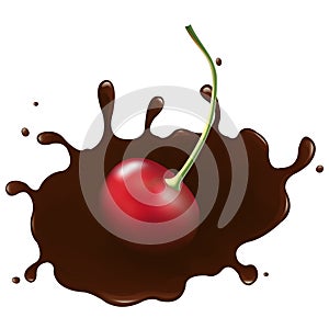 Cherry In Chocolate Splash. Vector