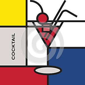 Cherry cocktail in Martini glass. Modern style art with rectangular colour blocks.