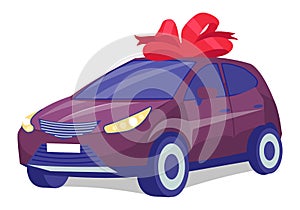 Cherry color car on white background. Business sedan with gift bow-knot. Automobile front view