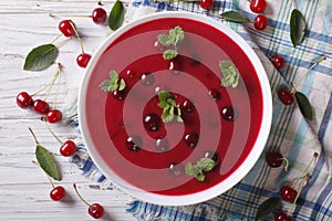 Cherry cream soup with mint close-up. Horizontal top view